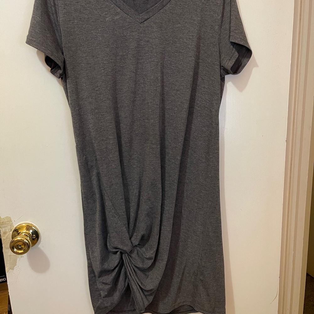 Gray V-Neck T Shirt Dress with Front Knot